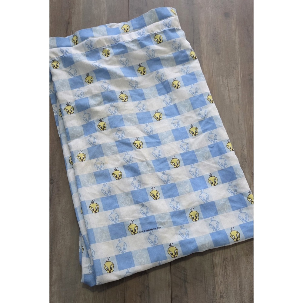 Vintage 1998 Warner Bros Tweety Bird Twin Flat Sheet Blue & White Check-Has Hole